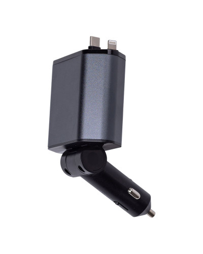 Автомобільний зарядний пристрій з висувними кабелями та портами USB-A/USB-C HP-C1