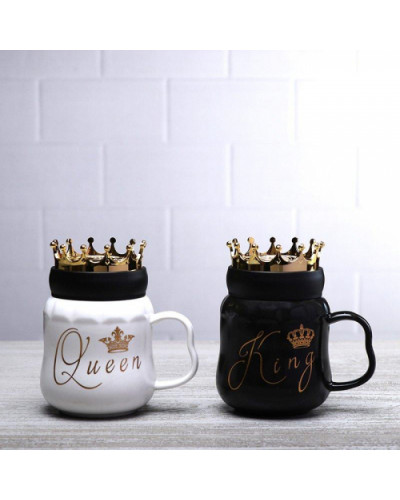 Набір чашок керамічних 350 мл Queen&King з кришкою та ложкою 2 штуки