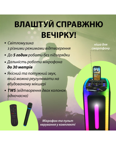 Акустика для вечірок KIMISO QS-4228 з мікрофоном та пультом ДК BT/TF/USB/AUX 3000 Вт чорний