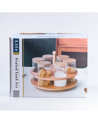 Банки 580 (мл) для сипучих продуктів набір із 6 штук з кришкою скляні на дерев'яній підставці
