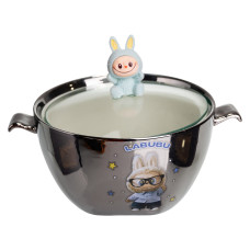 Бульйонниця порцелянова Labubu з кришкою і ручками 800 (мл) Ø15 (см) Сріблястий з блакитним FM-34D