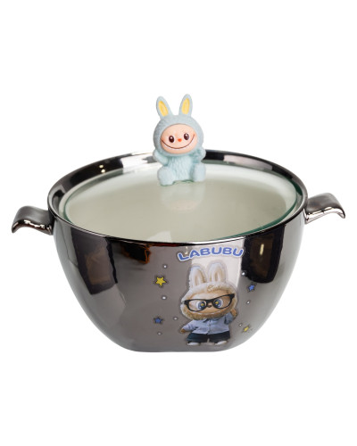 Бульйонниця порцелянова Labubu з кришкою і ручками 800 (мл) Ø15 (см) Сріблястий з блакитним FM-34D