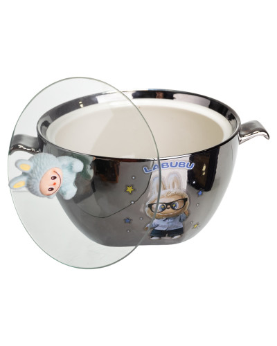 Бульйонниця порцелянова Labubu з кришкою і ручками 800 (мл) Ø15 (см) Сріблястий з блакитним FM-34D