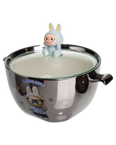 Бульйонниця порцелянова Labubu з кришкою і ручками 800 (мл) Ø15 (см) Сріблястий з блакитним FM-34D