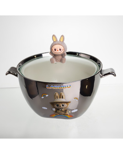 Бульйонниця порцелянова Labubu з кришкою та ручками 800 (мл) Ø15 (см) дитяча тарілка для супу та локшини Сріблястий з коричневим FM-34B