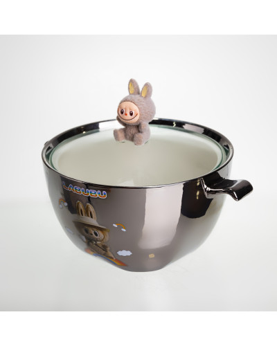 Бульйонниця порцелянова Labubu з кришкою та ручками 800 (мл) Ø15 (см) дитяча тарілка для супу та локшини Сріблястий з коричневим FM-34B