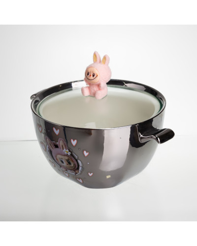 Бульйонниця порцелянова Labubu з кришкою та ручками 800 (мл) Ø15 (см) дитяча тарілка для супу та локшини Сріблястий з рожевим FM-34C
