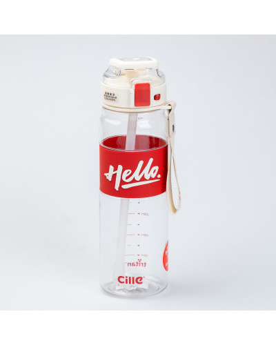 Пляшка для води спортивна 860 мл тритан з ремінцем та ручкою Hello Червона