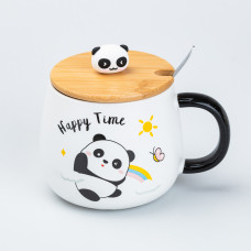 Чашка 450 мл з бамбуковою кришкою та ложкою керамічна Панда "Happy Time"