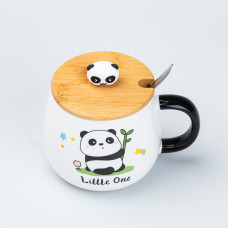 Чашка 450 мл з бамбуковою кришкою та ложкою керамічна Панда "Little One"