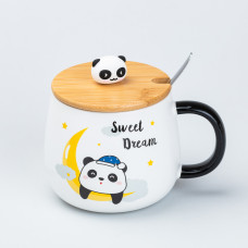Чашка 450 мл з бамбуковою кришкою та ложкою  керамічна Панда "Sweet Dream"