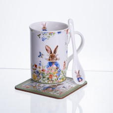 Чашка порцелянова Garden Rabbits для чаю та кави  з блюдцем і ложкою 300 мл HP-7323-1