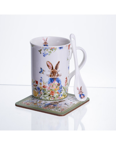Чашка порцелянова Garden Rabbits для чаю та кави  з блюдцем і ложкою 300 мл HP-7323-1