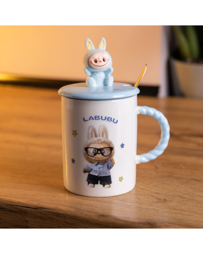 Чашка порцелянова з кришкою і ложкою Labubu 400 (мл) подарункова кружка прикольна чашка для дітей на подарунок Блакитний FM-35B