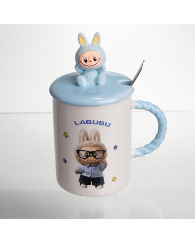 Чашка порцелянова з кришкою і ложкою Labubu 400 (мл) подарункова кружка прикольна чашка для дітей на подарунок Блакитний FM-35B