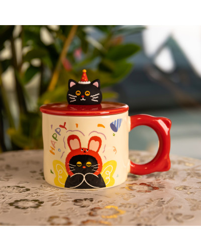 Чашка порцелянова з кришкою Kitten's Birthday 400 (мл) подарункова кружка прикольна чашка для дітей на подарунок Червоний FM-24D