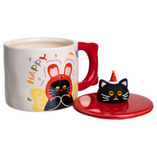 Чашка порцелянова з кришкою Kitten's Birthday 400 (мл) подарункова кружка прикольна чашка для дітей на подарунок Червоний FM-24D