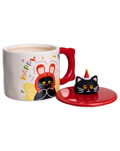 Чашка порцелянова з кришкою Kitten's Birthday 400 (мл) подарункова кружка прикольна чашка для дітей на подарунок Червоний FM-24D