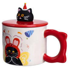 Чашка порцелянова з кришкою Kitten's Birthday 400 (мл) подарункова кружка прикольна чашка для дітей на подарунок Червоний FM-24D