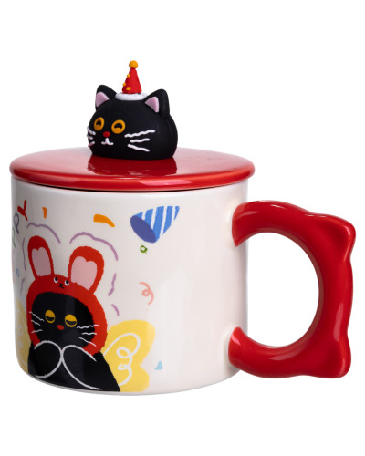 Чашка порцелянова з кришкою Kitten's Birthday 400 (мл) подарункова кружка прикольна чашка для дітей на подарунок Червоний FM-24D