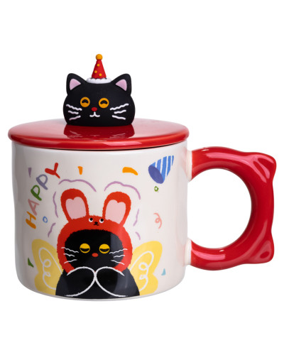 Чашка порцелянова з кришкою Kitten's Birthday 400 (мл) подарункова кружка прикольна чашка для дітей на подарунок Червоний FM-24D
