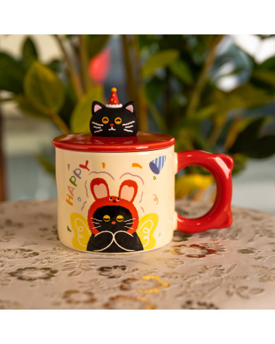 Чашка порцелянова з кришкою Kitten's Birthday 400 (мл) подарункова кружка прикольна чашка для дітей на подарунок Рожевий FM-24C