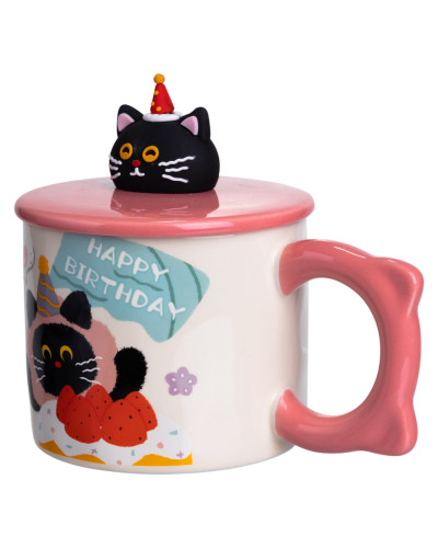 Чашка порцелянова з кришкою Kitten's Birthday 400 (мл) подарункова кружка прикольна чашка для дітей на подарунок Рожевий FM-24C