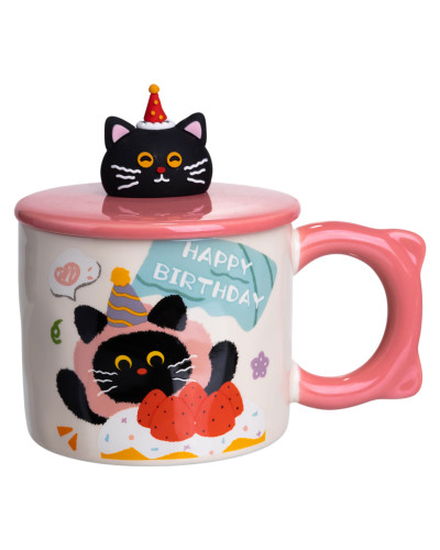 Чашка порцелянова з кришкою Kitten's Birthday 400 (мл) подарункова кружка прикольна чашка для дітей на подарунок Рожевий FM-24C