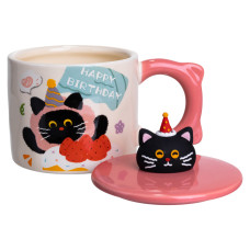 Чашка порцелянова з кришкою Kitten's Birthday 400 (мл) подарункова кружка прикольна чашка для дітей на подарунок Рожевий FM-24C