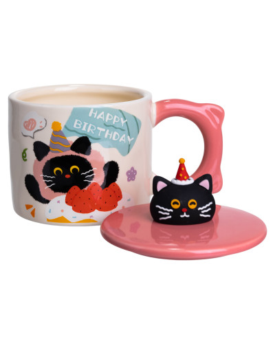 Чашка порцелянова з кришкою Kitten's Birthday 400 (мл) подарункова кружка прикольна чашка для дітей на подарунок Рожевий FM-24C