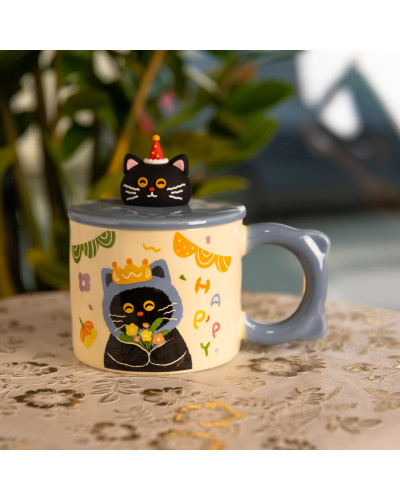 Чашка порцелянова з кришкою Kitten's Birthday 400 (мл) подарункова кружка прикольна чашка для дітей на подарунок Синій FM-24A