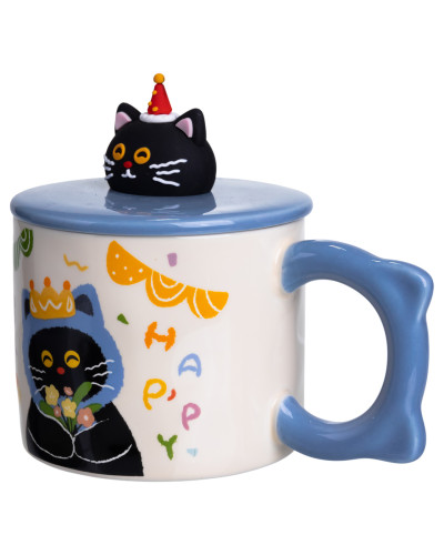 Чашка порцелянова з кришкою Kitten's Birthday 400 (мл) подарункова кружка прикольна чашка для дітей на подарунок Синій FM-24A