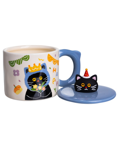 Чашка порцелянова з кришкою Kitten's Birthday 400 (мл) подарункова кружка прикольна чашка для дітей на подарунок Синій FM-24A