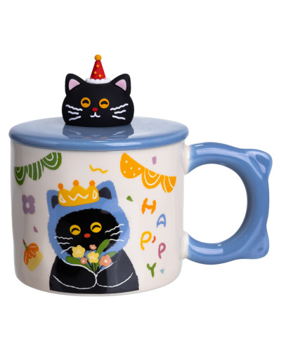 Чашка порцелянова з кришкою Kitten's Birthday 400 (мл) подарункова кружка прикольна чашка для дітей на подарунок Синій FM-24A