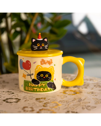 Чашка порцелянова з кришкою Kitten's Birthday 400 (мл) подарункова кружка прикольна чашка для дітей на подарунок Жовтий FM-24B