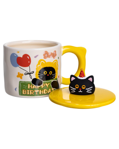 Чашка порцелянова з кришкою Kitten's Birthday 400 (мл) подарункова кружка прикольна чашка для дітей на подарунок Жовтий FM-24B