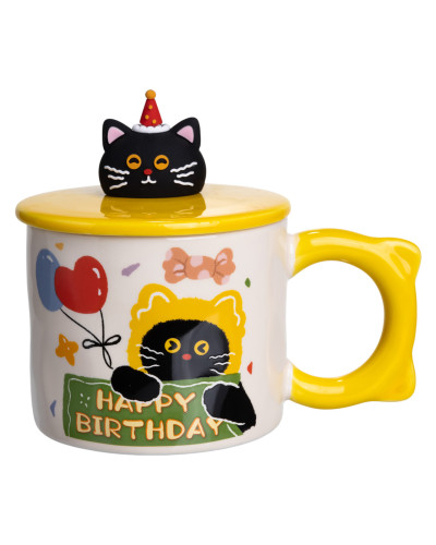 Чашка порцелянова з кришкою Kitten's Birthday 400 (мл) подарункова кружка прикольна чашка для дітей на подарунок Жовтий FM-24B