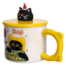 Чашка порцелянова з кришкою Kitten's Birthday 400 (мл) подарункова кружка прикольна чашка для дітей на подарунок Жовтий FM-24B