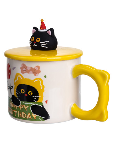 Чашка порцелянова з кришкою Kitten's Birthday 400 (мл) подарункова кружка прикольна чашка для дітей на подарунок Жовтий FM-24B