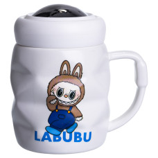 Чашка порцелянова з кришкою Labubu 400 (мл) подарункова кружка прикольна чашка для дітей на подарунок Білий з синім FM-54A