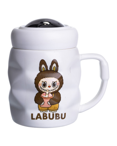 Чашка порцелянова з кришкою Labubu 400 (мл) подарункова кружка прикольна чашка для дітей на подарунок Білий з темно-коричневим FM-54C
