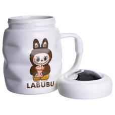 Чашка порцелянова з кришкою Labubu 400 (мл) подарункова кружка прикольна чашка для дітей на подарунок Білий з темно-коричневим FM-54C