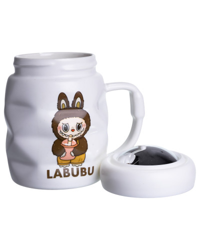Чашка порцелянова з кришкою Labubu 400 (мл) подарункова кружка прикольна чашка для дітей на подарунок Білий з темно-коричневим FM-54C