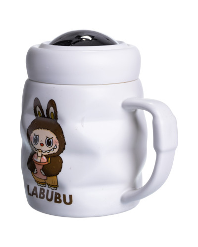 Чашка порцелянова з кришкою Labubu 400 (мл) подарункова кружка прикольна чашка для дітей на подарунок Білий з темно-коричневим FM-54C