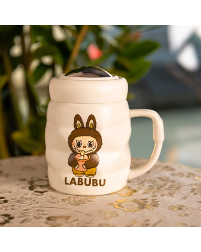 Чашка порцелянова з кришкою Labubu 400 (мл) подарункова кружка прикольна чашка для дітей на подарунок Білий з жовтим FM-54D