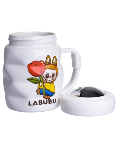 Чашка порцелянова з кришкою Labubu 400 (мл) подарункова кружка прикольна чашка для дітей на подарунок Білий з жовтим FM-54D