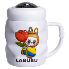 Чашка порцелянова з кришкою Labubu 400 (мл) подарункова кружка прикольна чашка для дітей на подарунок Білий з жовтим FM-54D