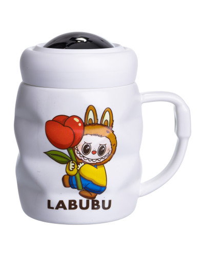 Чашка порцелянова з кришкою Labubu 400 (мл) подарункова кружка прикольна чашка для дітей на подарунок Білий з жовтим FM-54D