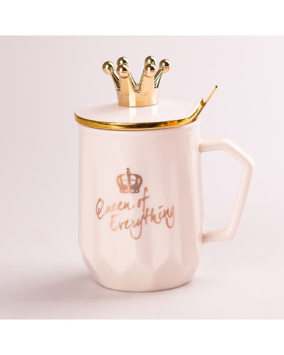 Чашка керамічна 400 мл Queen of Everything з кришкою та ложкою Білий