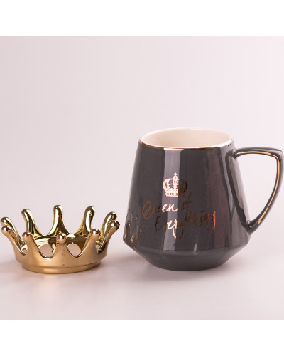 Чашка керамічна 400 мл Queen of Everything з кришкою та ложкою Сірий